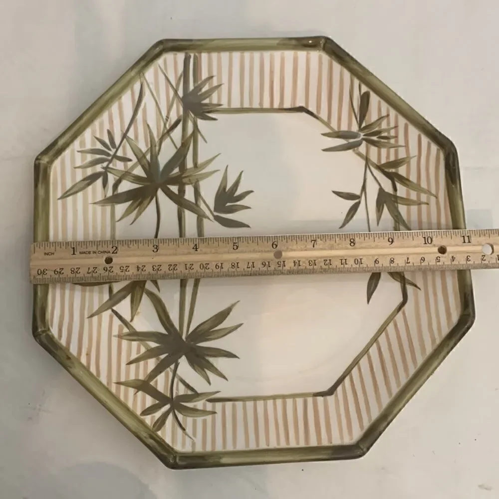 Waverly Bamboo Stalk Plant Plate Green Tan 11 Inches Octagon Serving Platter